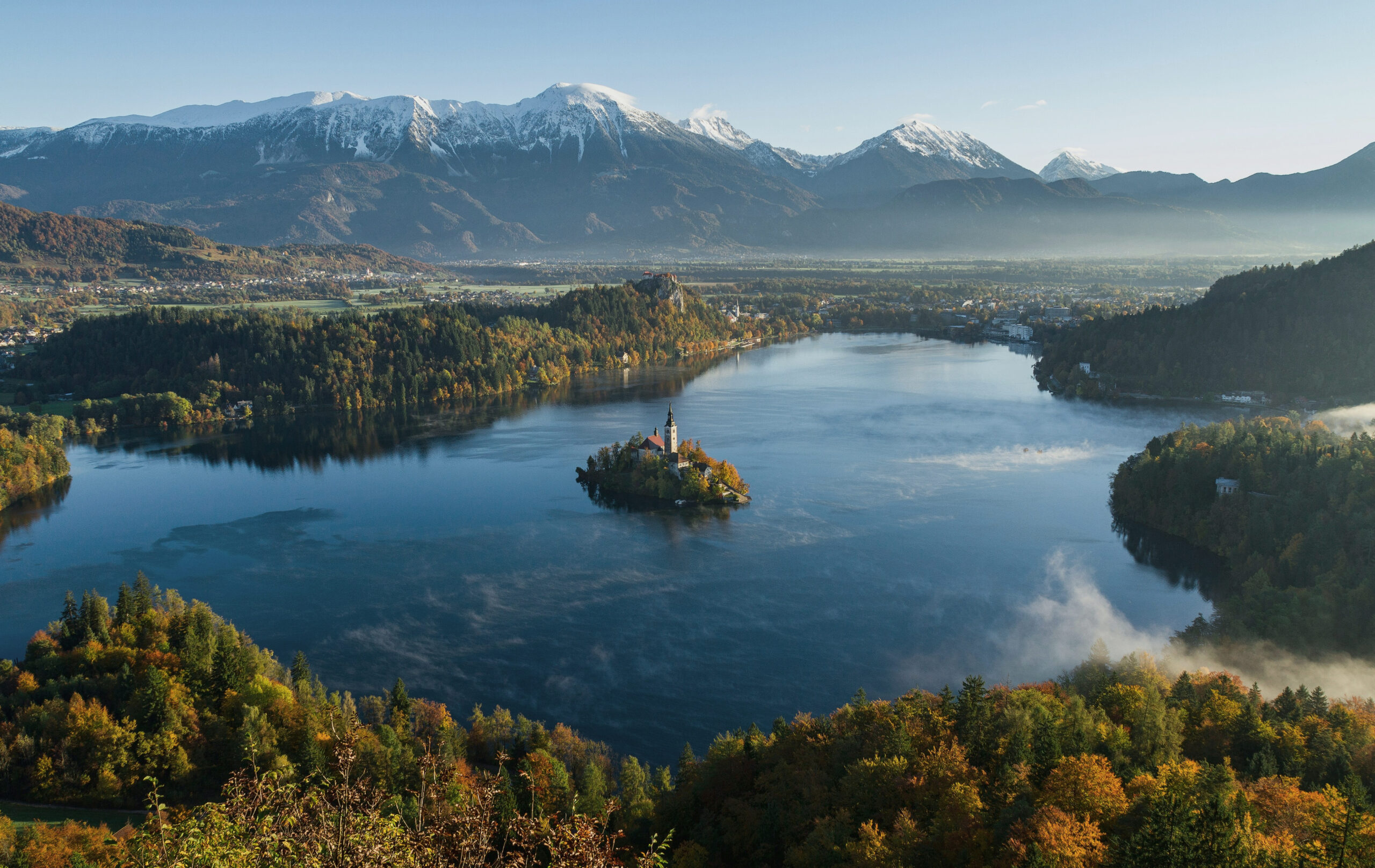 Lake Bled island and alpine scenery in Slovenia.