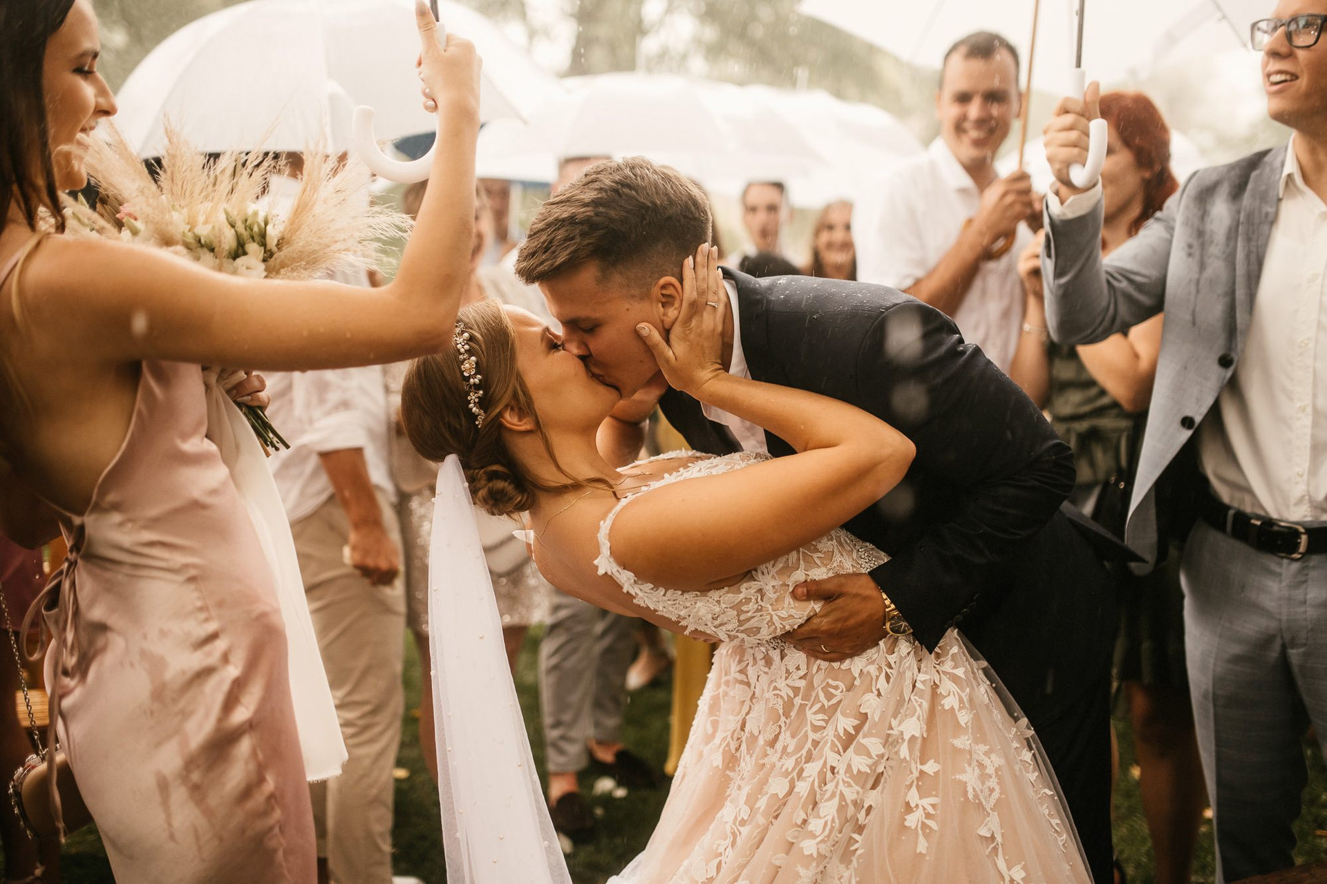 A couple celebrating their wedding outdoors in Slovenia.